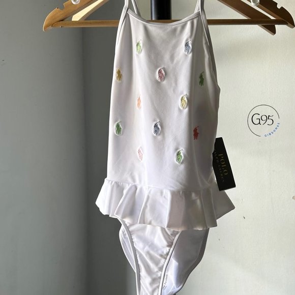 NWT Polo Ralph Lauren Girls Multi Color ALL OVER Polo Pony Embroidered SWIMSUIT - Picture 5 of 9